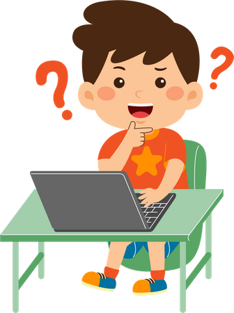 Confused little kid boy use laptop  Illustration