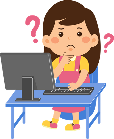 Confused little kid girl use computer  Illustration