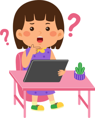 Confused Little kid girl use graphic tablet  Illustration
