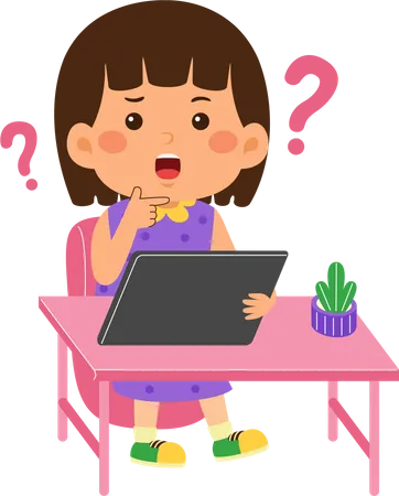 Confused Little kid girl use graphic tablet  Illustration