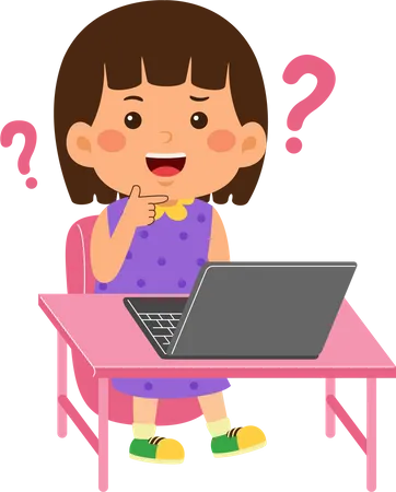 Confused Little kid girl use laptop  Illustration