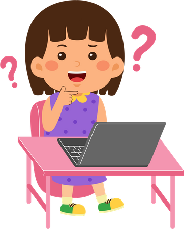 Confused Little kid girl use laptop  Illustration