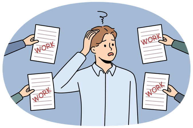 Confused male employee overwhelmed with work letters  Illustration