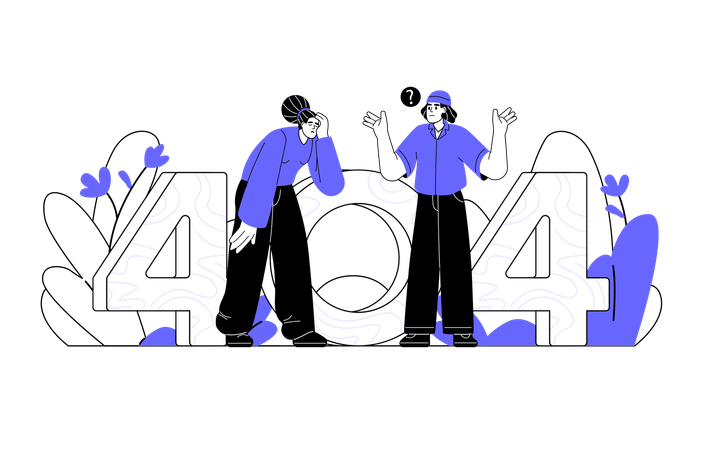 Confused man and woman looking for something through number 404  Illustration