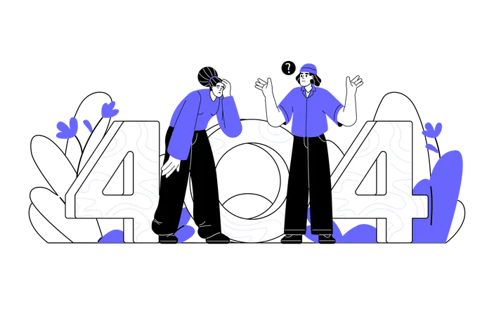 Confused man and woman looking for something through number 404  Illustration