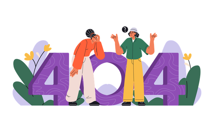 Confused man and woman looking for something through number 404  Illustration