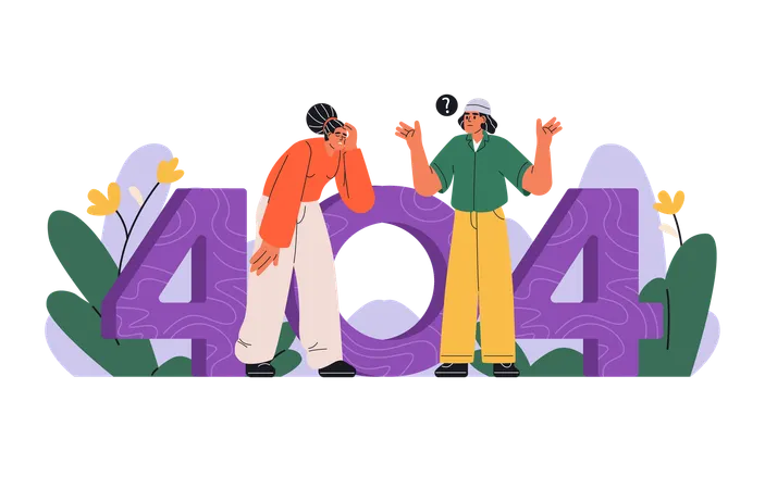 Confused man and woman looking for something through number 404  Illustration