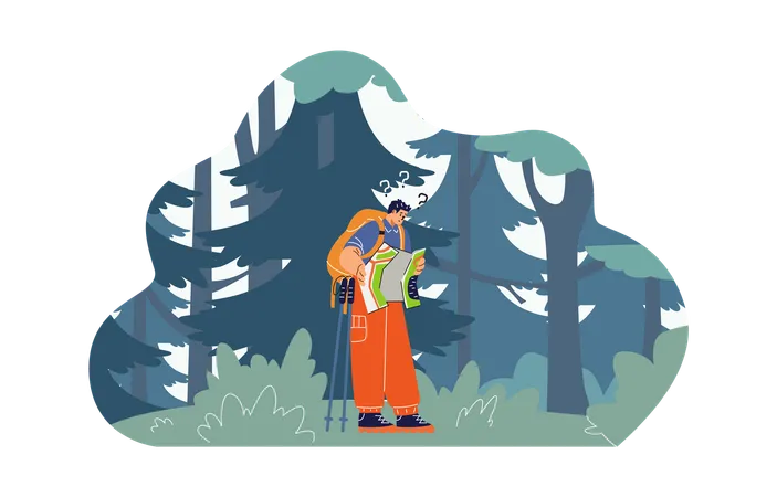 Confused man backpacker hold paper map tracking route  Illustration