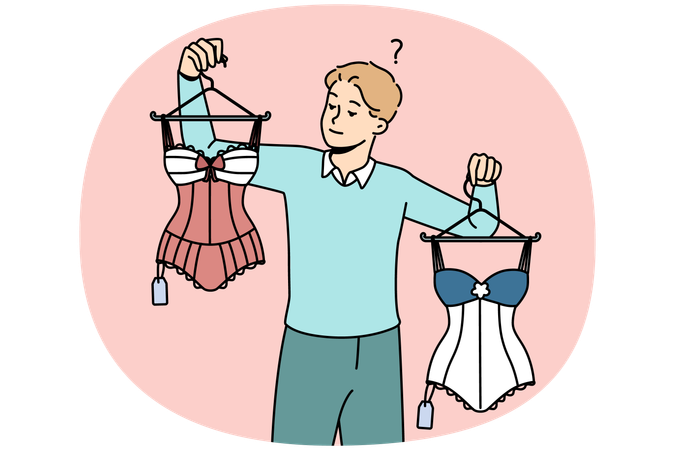 Confused man choosing sexy women lingerie  Illustration