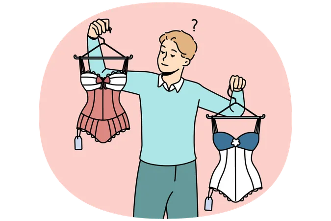Confused man choosing sexy women lingerie  Illustration