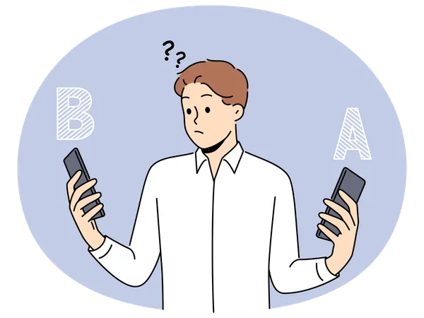 Confused man compare different smartphones  Illustration