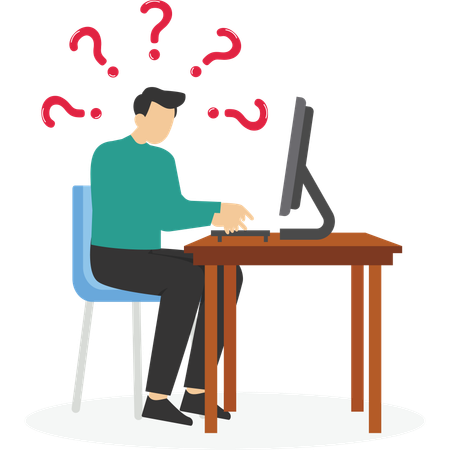 Confused man doing assignments in front of a laptop  Illustration