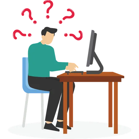 Confused man doing assignments in front of a laptop  Illustration