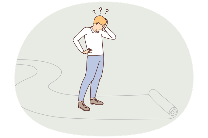 Confused man standing on road thinking of what way to choose  Illustration