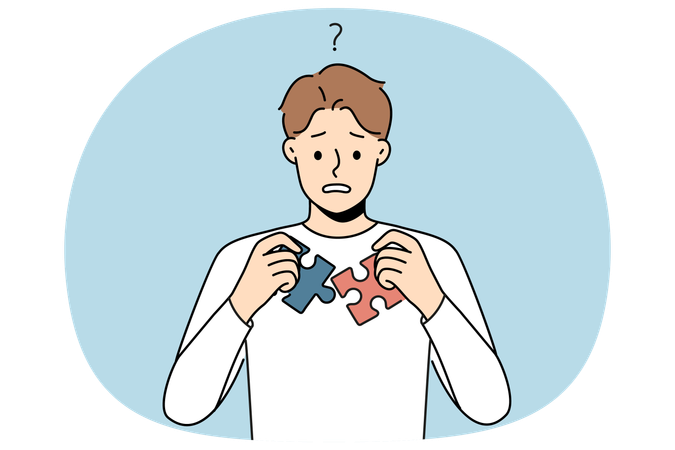 Confused man think about jigsaw puzzles join  Illustration