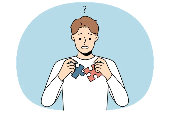 Confused man think about jigsaw puzzles join  Illustration