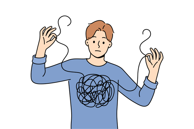 Confused man trying to resolve threads  Illustration