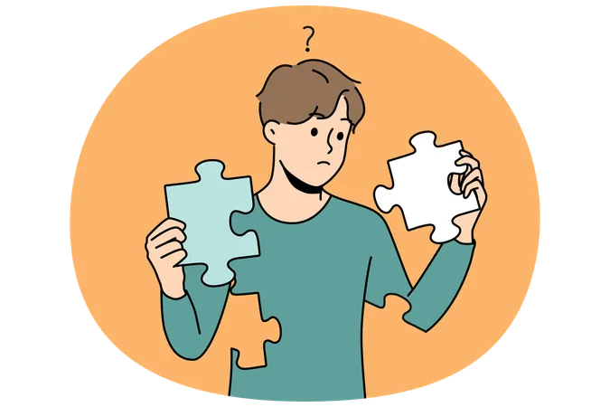 Confused man with puzzles in hands rebuild  Illustration