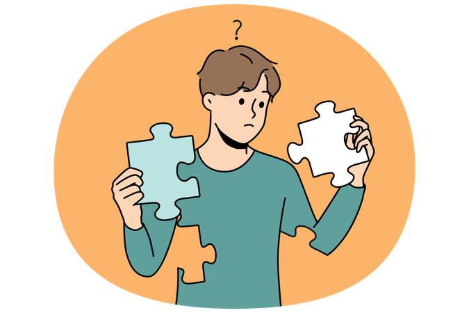 Confused man with puzzles in hands rebuild  Illustration