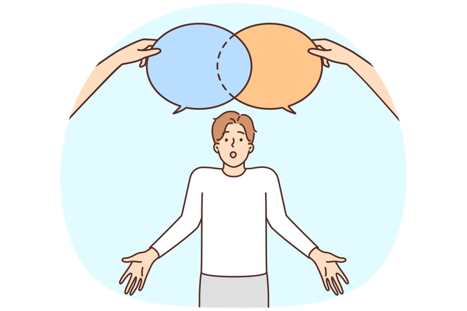 Confused man with speech bubbles above head  Illustration