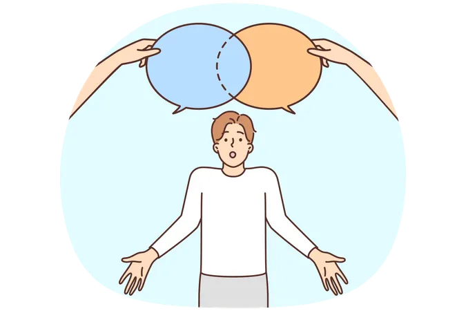 Confused man with speech bubbles above head  Illustration