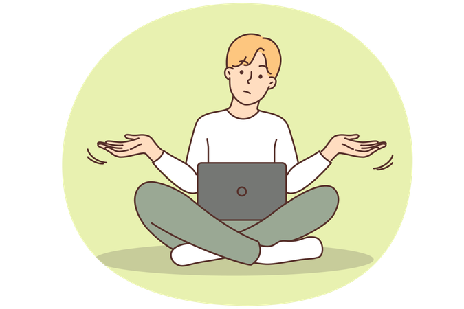Confused man work on laptop experience problem on gadget.  Illustration