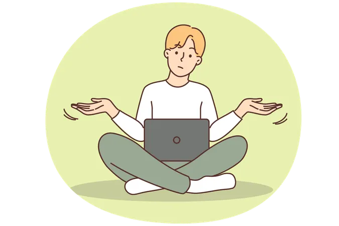 Confused man work on laptop experience problem on gadget.  Illustration