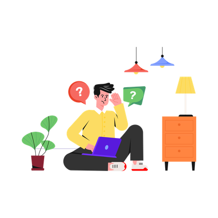 Confused Man Working On Laptop  Illustration