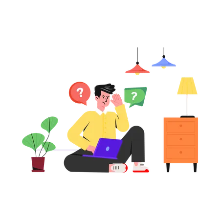 Confused Man Working On Laptop  Illustration