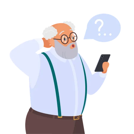 Confused Old Man Holding Phone Vector Illustration Cartoon Isolated Sad Senior Person With Smartphone Problem And Question Mark Over Head Grandfather With Glasses In Need Of Help With Mobile App Illustration