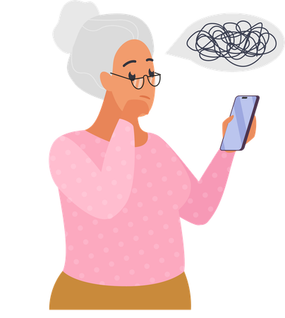 Confused old woman with phones  Illustration