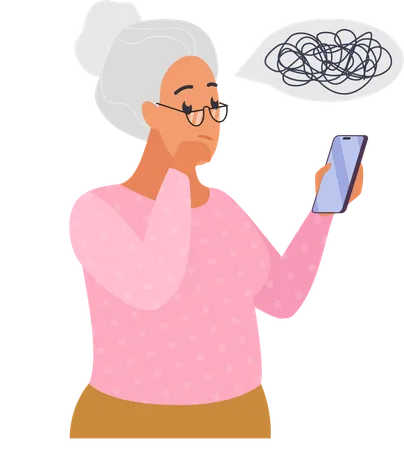 Confused old woman with phones  Illustration