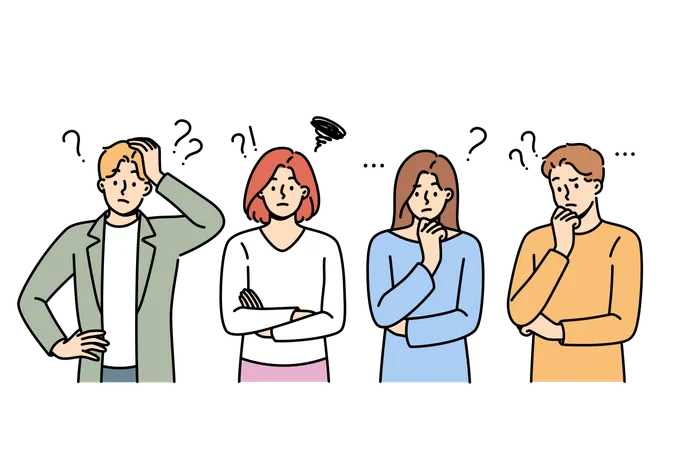 Confused people have learned unpleasant news thinking about how to resolve issue  イラスト