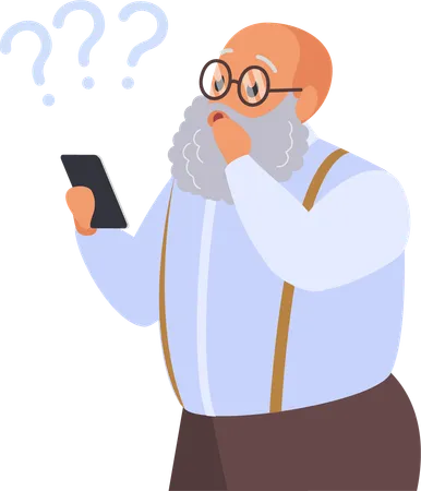 Confused senior man with phones  Illustration