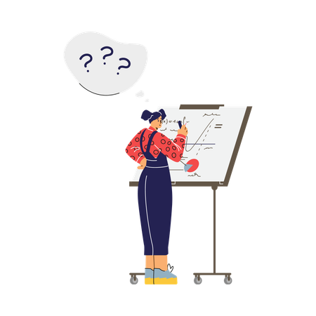 Confused student contemplating problem at whiteboard  Illustration