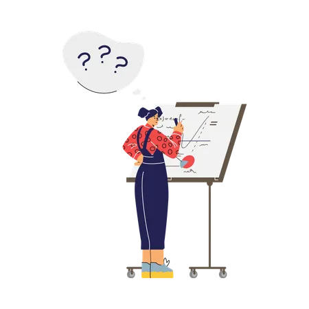 Confused student contemplating problem at whiteboard  Illustration