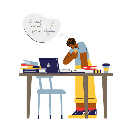 Confused student studying complex material at desk with books  Illustration