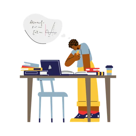 Confused student studying complex material at desk with books  Illustration
