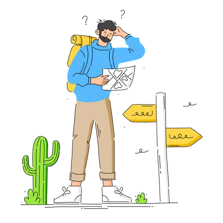 Confused Tourist looking for way on map Illustration
