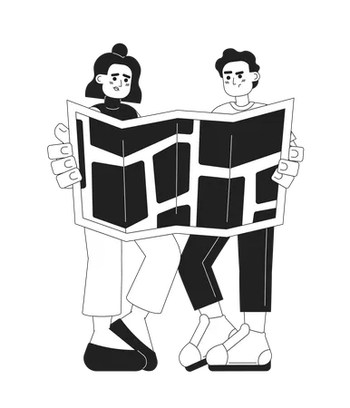 Two Travelers Looking On Map Monochromatic Flat Vector Character Editable Full Body Unhappy People Do Not Understand Map On White Simple Bw Cartoon Spot Image For Web Graphic Design 일러스트레이션
