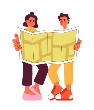 Two Travelers Looking On Map Semi Flat Color Vector Character Editable Full Body Unhappy People Do Not Understand Map On White Simple Cartoon Spot Illustration For Web Graphic Design Illustration