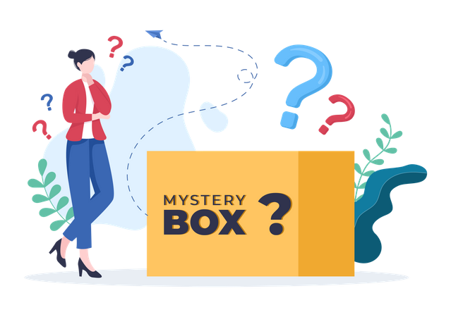 Confused woman about mystery box Illustration
