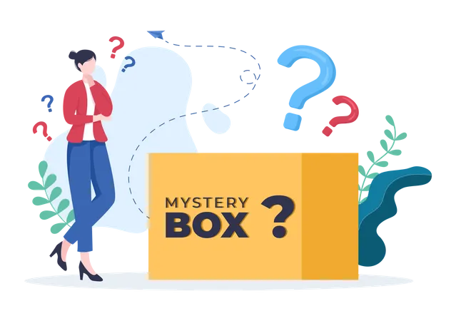Confused woman about mystery box  Illustration