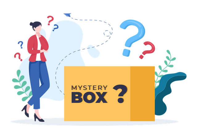 Confused woman about mystery box  Illustration