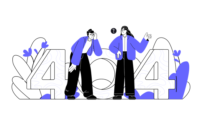 Confused woman and man looking for something through number 404  Illustration