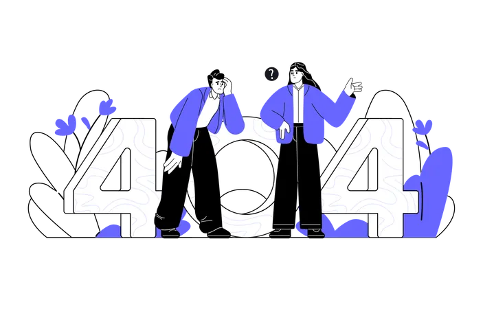 Confused woman and man looking for something through number 404  Illustration