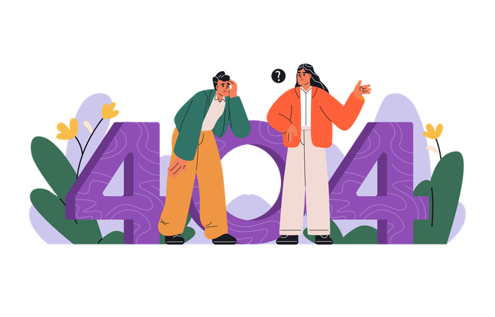 Confused woman and man looking for something through number 404  Illustration