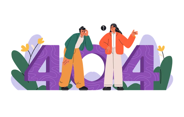 Confused woman and man looking for something through number 404  Illustration