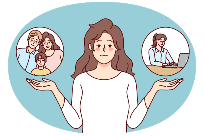 Confused woman choose between family and work  Illustration