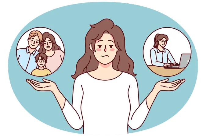 Confused woman choose between family and work  Illustration